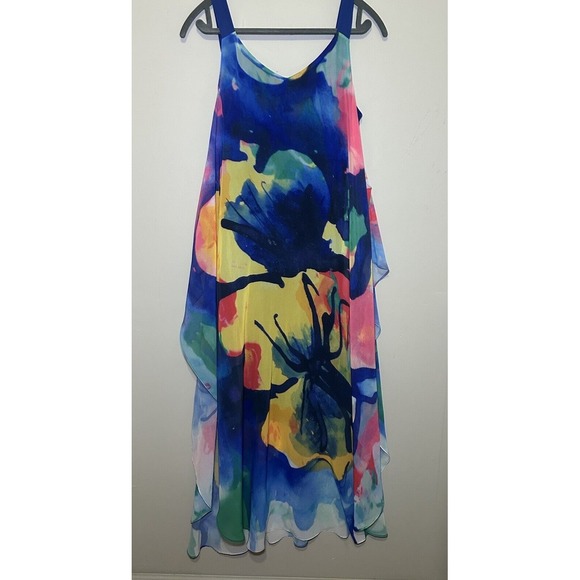 NEW Frank Lyman Blue Floral Chiffon Overlay Flowy Dress Cruise Beach Resort Sz L - Picture 5 of 15